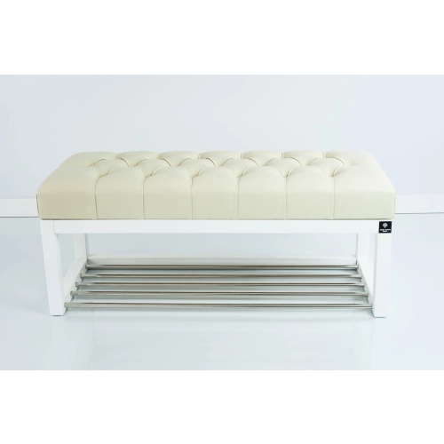 Ławeczka Pufa Pikowana  Ekoskóra Ecru Guzik Tapicerowany LPP-4 + Wieszak Ścienny WDC-17 Kolory