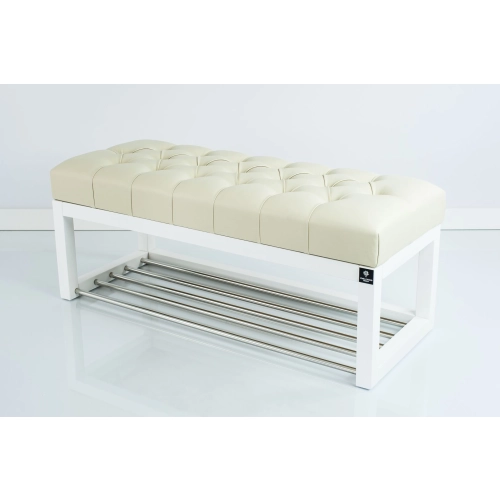 Ławeczka Pufa Pikowana  Ekoskóra Ecru Guzik Tapicerowany LPP-4 + Wieszak Ścienny WDC-17 Kolory