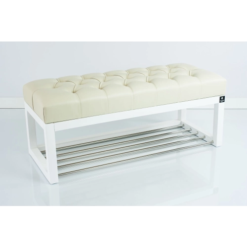 Ławeczka Pufa Pikowana  Ekoskóra Ecru Guzik Tapicerowany LPP-4 + Wieszak Ścienny WDC-17 Kolory