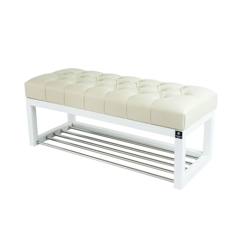 Ławeczka Pufa Pikowana  Ekoskóra Ecru Guzik Tapicerowany LPP-4 + Wieszak Ścienny WDC-17 Kolory