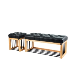 Zestaw Ławka Pufa Pikowana Ekoskóra Czarny Guzik Tapicerowany LPP-86 / LPP-90 Rozmiary od 50 cm do 200 cm