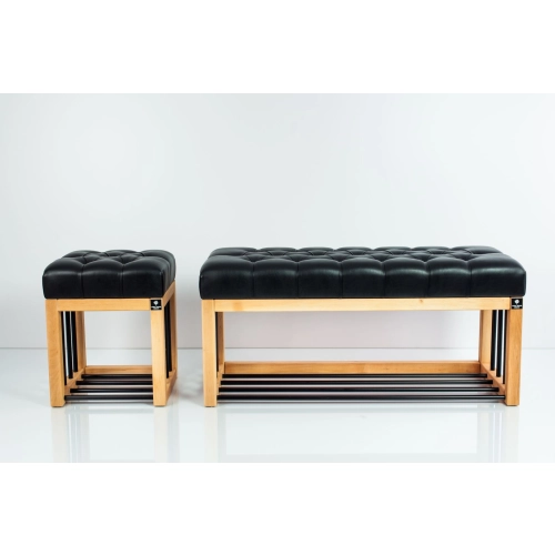 Zestaw Ławka Pufa Pikowana Ekoskóra Czarny Guzik Tapicerowany LPP-86 / LPP-90 Rozmiary od 50 cm do 200 cm