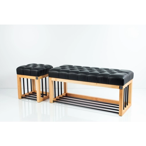 Zestaw Ławka Pufa Pikowana Ekoskóra Czarny Guzik Tapicerowany LPP-86 / LPP-90 Rozmiary od 50 cm do 200 cm
