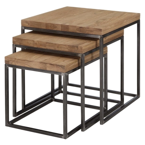 KOMPLET STOLIKÓW KAWOWY 3 w 1 DREWNO DĄB LITE I STAL STK-149