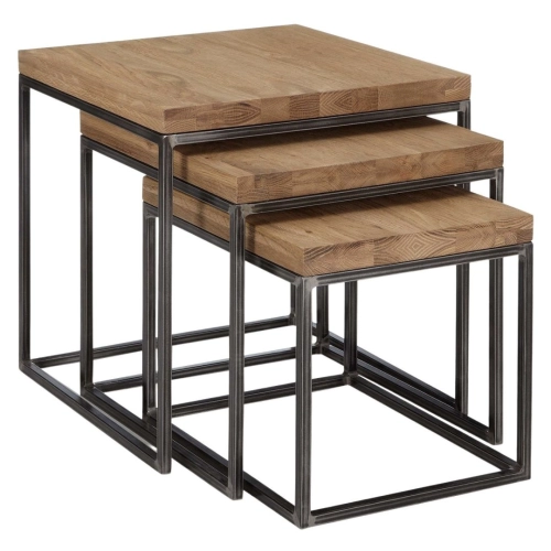 KOMPLET STOLIKÓW KAWOWY 3 w 1 DREWNO DĄB LITE I STAL STK-149