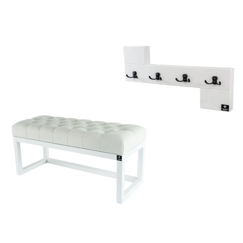 Ławka Pufa Pikowana Złamana Biel Guzik Tapicerowany LPP-2 + Wieszak Ścienny WDC-35 Kolory