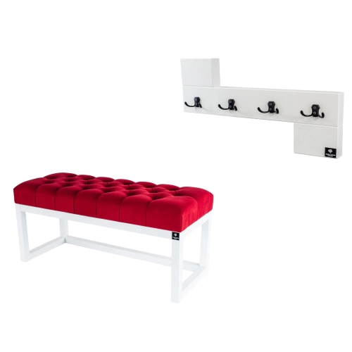 Ławka Pufa Pikowana Czerwona Guzik Tapicerowany LPP-2 + Wieszak Ścienny WDC-35 Kolory