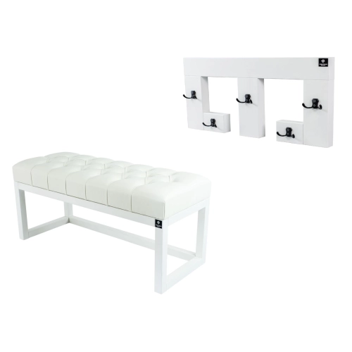 Ławka Pufa Pikowana Ekoskóra Biała Guzik Tapicerowany LPP-2 + Wieszak Ścienny WDC-22 Kolory