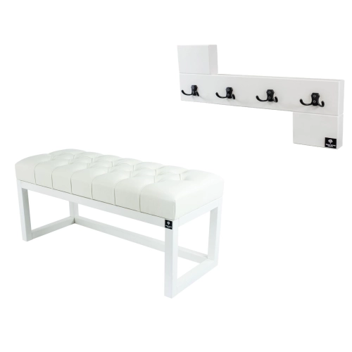 Ławka Pufa Pikowana Ekoskóra Biała Guzik Tapicerowany LPP-2 + Wieszak Ścienny WDC-35 Kolory