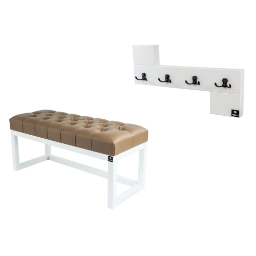 Ławka Pufa Pikowana Ekoskóra Brąz Guzik Tapicerowany LPP-2 + Wieszak Ścienny WDC-35 Kolory