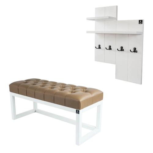 Ławka Pufa Pikowana Ekoskóra Brąz Guzik Tapicerowany LPP-2 + Wieszak Ścienny WDC-5 Kolory