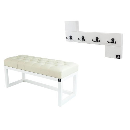 Ławka Pufa Pikowana Ekoskóra Ecru Guzik Tapicerowany LPP-2 + Wieszak Ścienny WDC-35 Kolory