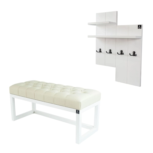 Ławka Pufa Pikowana Ekoskóra Ecru Guzik Tapicerowany LPP-2 + Wieszak Ścienny WDC-5 Kolory