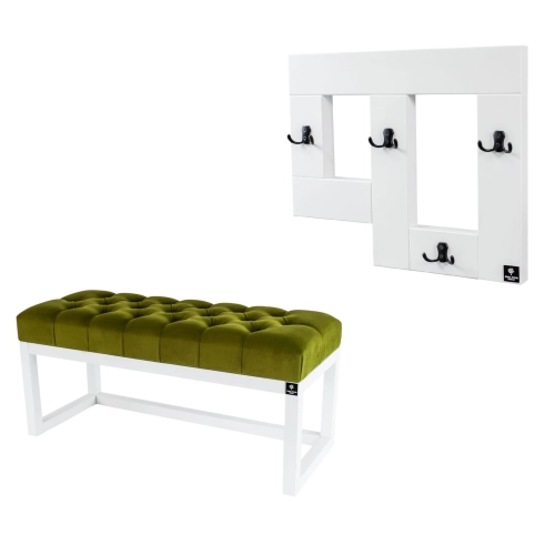 Ławka Pufa Pikowana Zielony Guzik Tapicerowany LPP-2 + Wieszak Ścienny WDC-19 Kolory