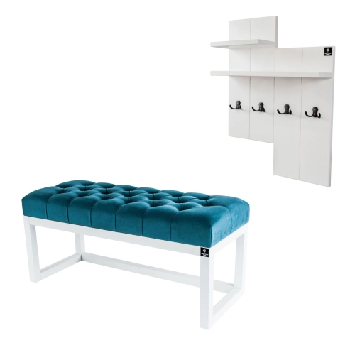 Ławka Pufa Pikowana Turkus Guzik Tapicerowany LPP-2 + Wieszak Ścienny WDC-5 Kolory