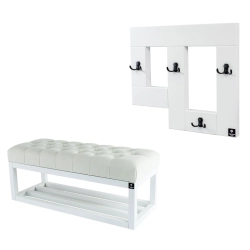 Ławka Pufa Pikowana Złamana Biel Guzik Tapicerowany LPP-3 + Wieszak Ścienny WDC-19