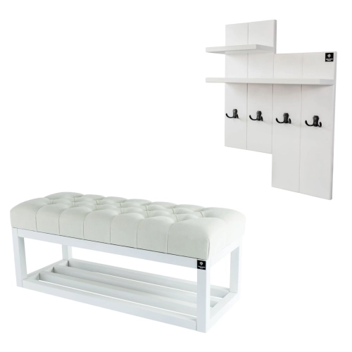 Ławka Pufa Pikowana Biały Guzik Tapicerowany LPP-3 + Wieszak Ścienny WDC-5 Kolory