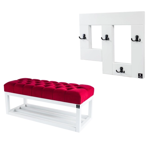 Ławka Pufa Pikowana Czerwona Guzik Tapicerowany LPP-3 + Wieszak Ścienny WDC-19