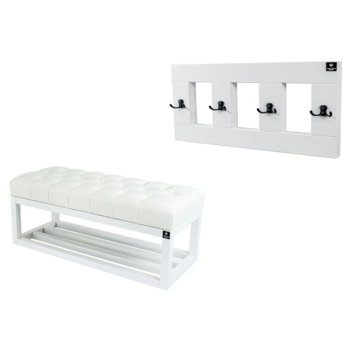 Ławka Pufa Pikowana Ekoskóra Biała LPP-3 + Wieszak Ścienny WDC-17