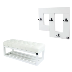 Ławka Pufa Pikowana Ekoskóra Biała Guzik Tapicerowany LPP-3 + Wieszak Ścienny WDC-19