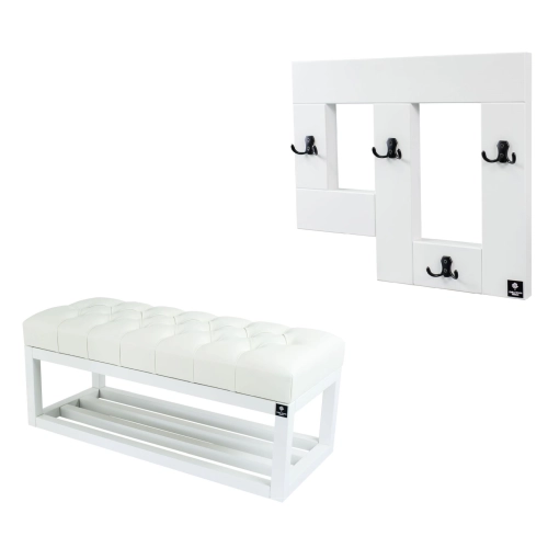 Ławka Pufa Pikowana Ekoskóra Biała Guzik Tapicerowany LPP-3 + Wieszak Ścienny WDC-19