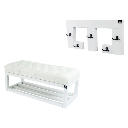 Ławka Pufa Pikowana Ekoskóra Biała LPP-3 + Wieszak Ścienny WDC-22