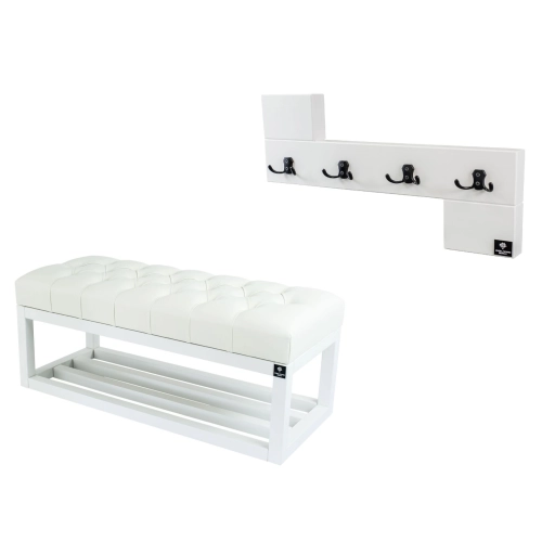 Ławka Pikowana Ekoskóra Biała LPP-3 + Wieszak Ścienny WDC-35