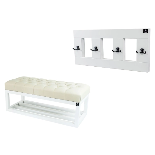 Ławka Pufa Pikowana Ekoskóra Ecru LPP-3 + Wieszak Ścienny WDC-17