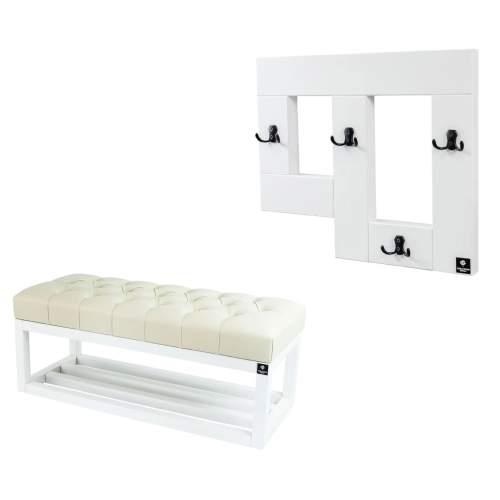 Ławka Pufa Pikowana Ekoskóra Ecru Guzik Tapicerowany LPP-3 + Wieszak Ścienny WDC-19