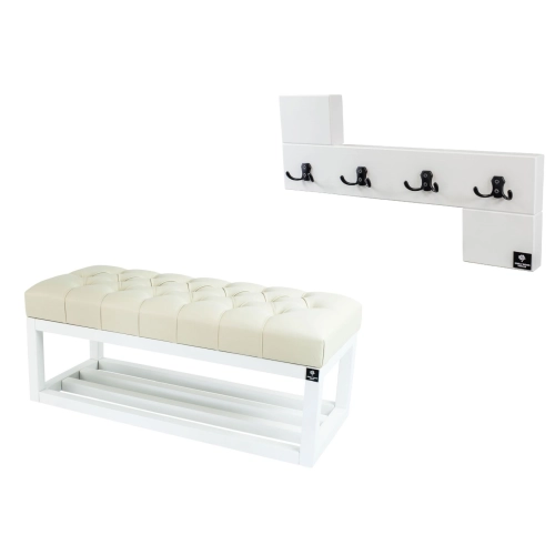 Ławka Pikowana Ekoskóra Ecru  LPP-3 + Wieszak Ścienny WDC-35