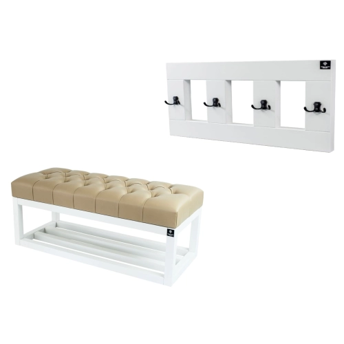 Ławka Pufa Pikowana Ekoskóra Beż  LPP-3 + Wieszak Ścienny WDC-17