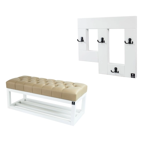 Ławka Pufa Pikowana Ekoskóra Beż Guzik Tapicerowany LPP-3 + Wieszak Ścienny WDC-19