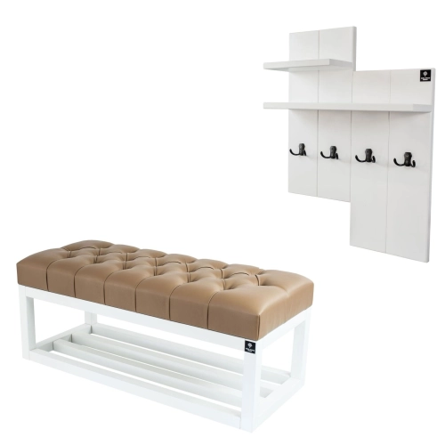 Ławka Pufa Pikowana Ekoskóra Brąz Guzik Tapicerowany LPP-3 + Wieszak Ścienny WDC-5 Kolory