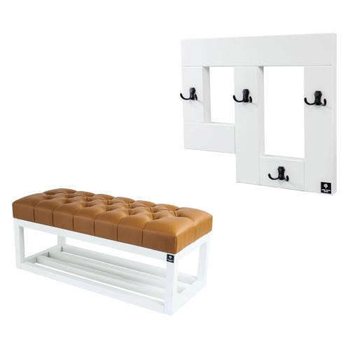 Ławka Pufa Pikowana Ekoskóra Brąz Guzik Tapicerowany LPP-3 + Wieszak Ścienny WDC-19