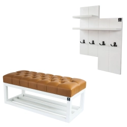 Ławka Pufa Pikowana Ekoskóra Brąz Guzik Tapicerowany LPP-3 + Wieszak Ścienny WDC-5 Kolory