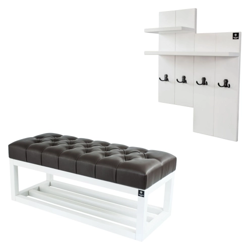 Ławka Pufa Pikowana Ekoskóra Brąz Guzik Tapicerowany LPP-3 + Wieszak Ścienny WDC-5 Kolory