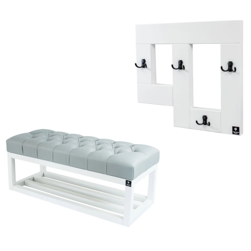 Ławka Pufa Pikowana Ekoskóra Popiel Guzik Tapicerowany LPP-3 + Wieszak Ścienny WDC-19