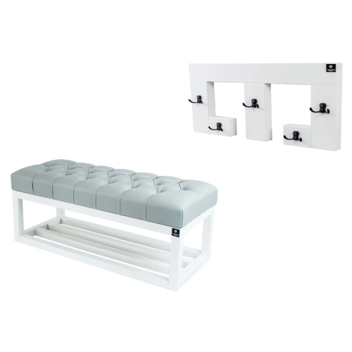 Ławka Pufa Pikowana Ekoskóra Popiel  LPP-3 + Wieszak Ścienny WDC-22