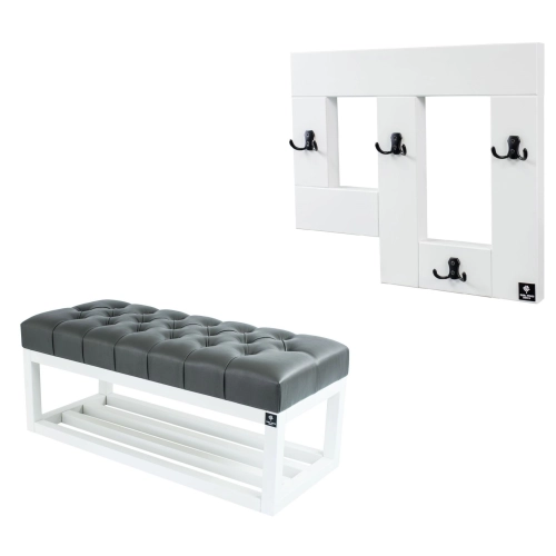 Ławka Pufa Pikowana Ekoskóra Grafit Guzik Tapicerowany LPP-3 + Wieszak Ścienny WDC-19