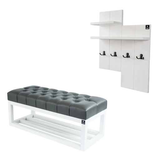 Ławka Pufa Pikowana Ekoskóra Grafit Guzik Tapicerowany LPP-3 + Wieszak Ścienny WDC-5 Kolory