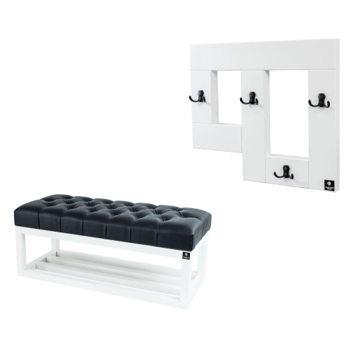 Ławka Pufa Pikowana Ekoskóra Czarna Guzik Tapicerowany LPP-3 + Wieszak Ścienny WDC-19