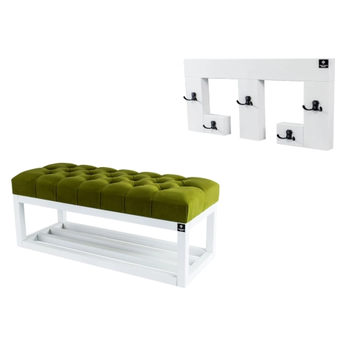 Ławka Pufa Pikowana Zielony LPP-3 + Wieszak Ścienny WDC-22