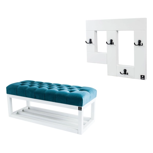 Ławka Pufa Pikowana Turkus Guzik Tapicerowany LPP-3 + Wieszak Ścienny WDC-19