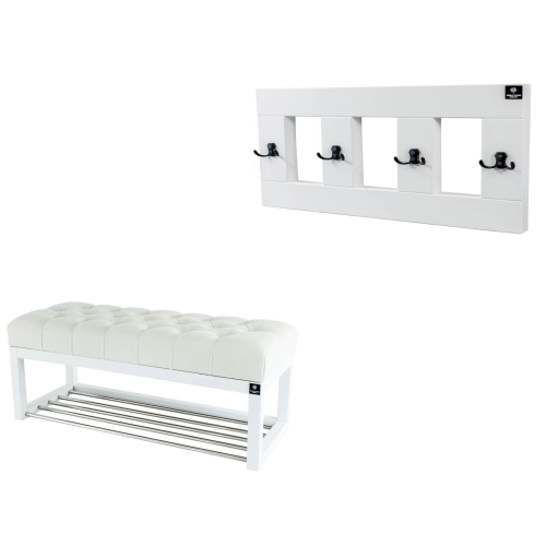 Ławeczka Pufa Pikowana Biały Guzik Tapicerowany LPP-4 + Wieszak Ścienny WDC-17 Kolory