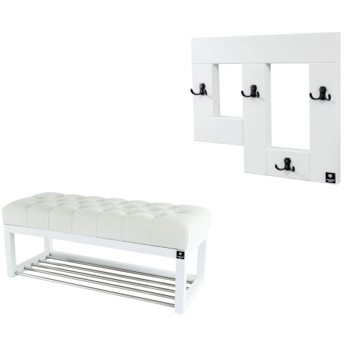 Ławeczka Pufa Pikowana Biały Guzik Tapicerowany LPP-4 + Wieszak Ścienny WDC-19 Kolory