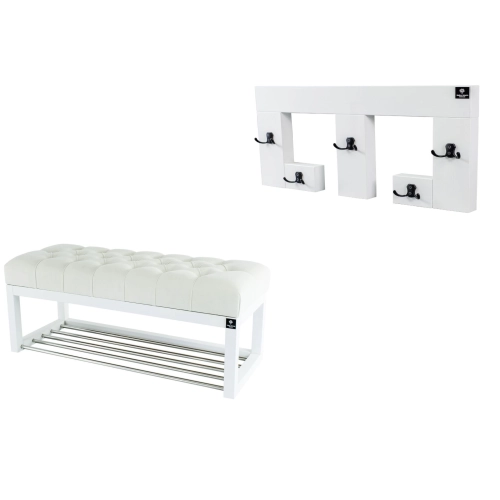 Ławka Pufa Pikowana Biały Guzik Tapicerowany LPP-4 + Wieszak Ścienny WDC-22 Kolory