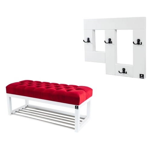 Ławeczka Pufa Pikowana Czerwony Guzik Tapicerowany LPP-4 + Wieszak Ścienny WDC-19 Kolory