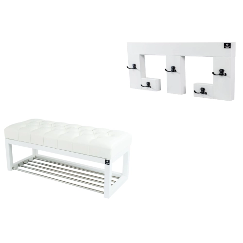 Ławka Pufa Pikowana Ekoskóra Biały Guzik Tapicerowany LPP-4 + Wieszak Ścienny WDC-22 Kolory