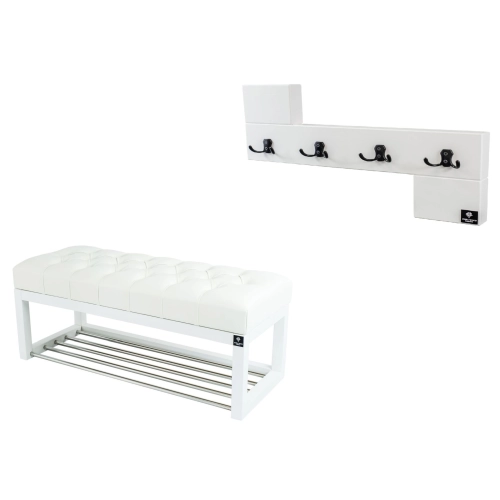 Ławka Pufa Pikowana Ekoskóra Biała Guzik Tapicerowany LPP-4 + Wieszak Ścienny WDC-35 Kolory