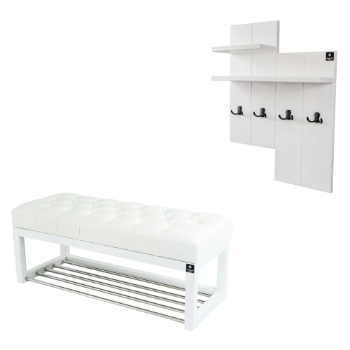 Ławka Pufa Pikowana Ekoskóra Biały Guzik Tapicerowany LPP-4 + Wieszak Ścienny WDC-5 Kolory